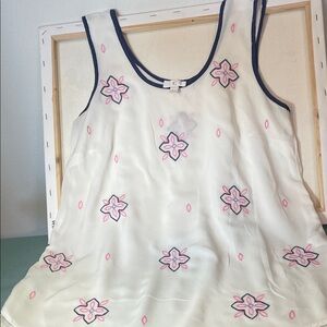 C Cream Shell Top with Pink Embroidery and Navy Trim